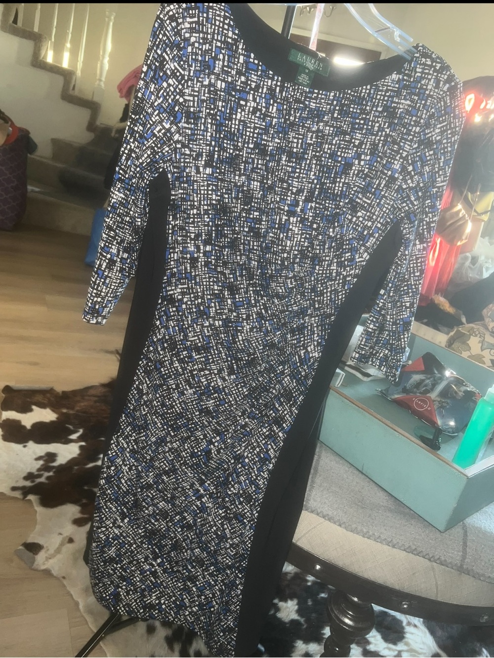 Lauren Ralph Lauren Black, Blue and White Patterned Long Sleeve Sheath Dress